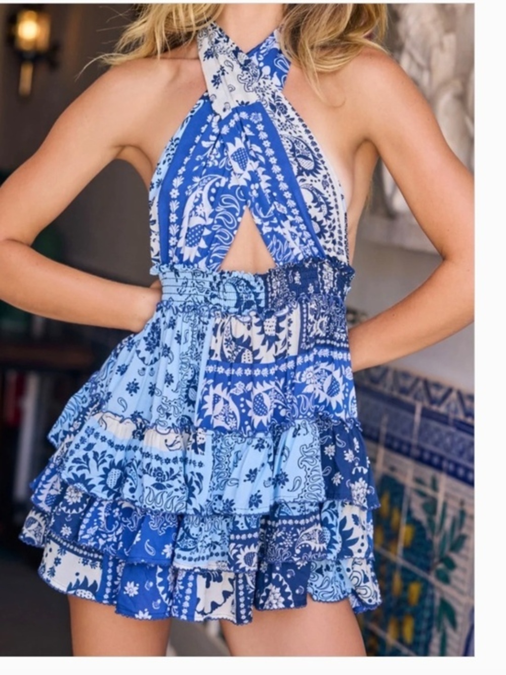 Agua Bendita Maona Atma Blue Halter Cover Up Mini Dress New
